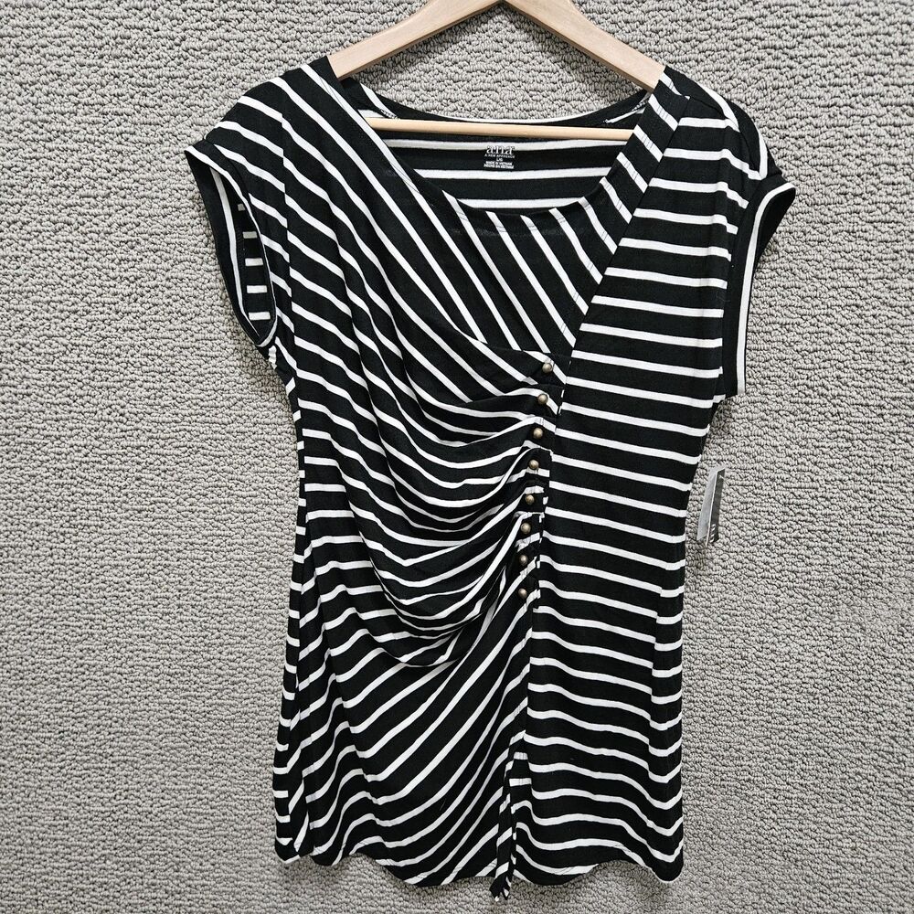 A.N.A Women’s Black White Striped Gathered Side Short Sleeve Dress Size L